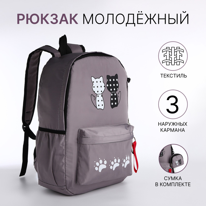 Рюкзак школьный из текстиля, 3 кармана, кошелёк, цвет серый - Фото 1