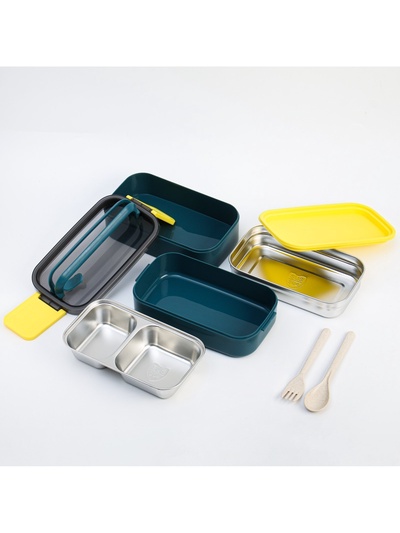 Ланч бокс TAKE IT EASY «В школу», 1 л, 11.5×21 см, с приборами, 2 уровня, нержавеющая сталь, синий