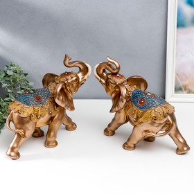 Сувенир полистоун 'Золотистый слон в синей попоне с кисточками' МИКС 28,5х15х32,5 см