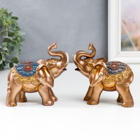 Сувенир полистоун "Золотистый слон в синей попоне с кисточками" МИКС 11,5х6х12,5 см