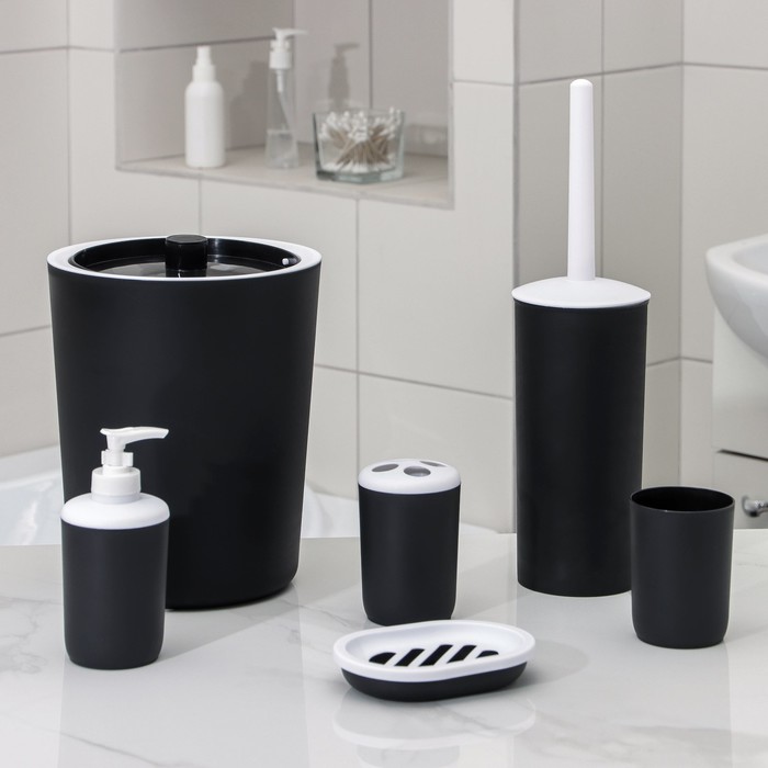 Набор для ванной «Лайт», 6 предметов (мыльница, дозатор, 2 стакана, ёршик, ведро), цвет чёрный - фото 1883841114
