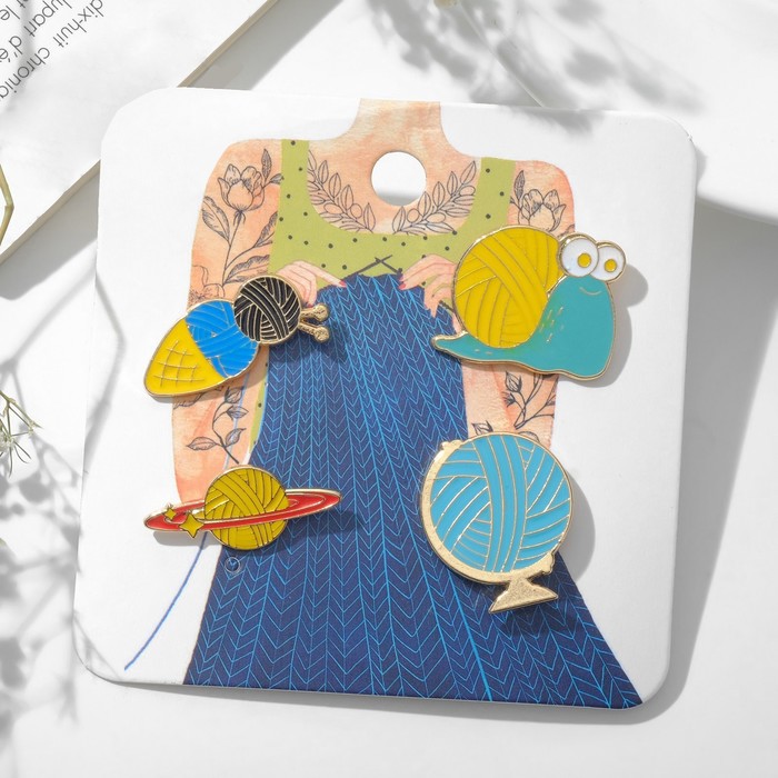 Набор значков (4 шт) "Пряжа", цветной в золоте