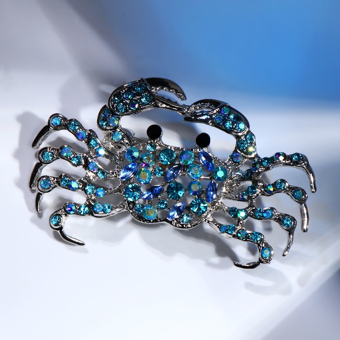 Брошь «Краб», цвет сине-голубой в серебре - Фото 1