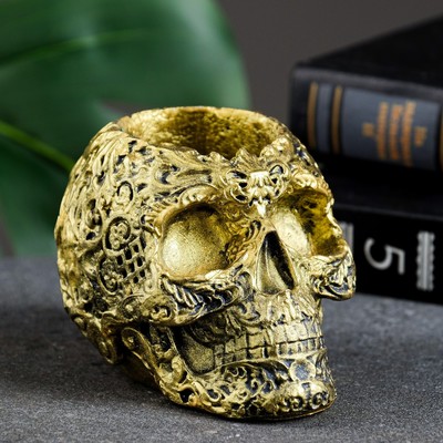 Фигурное кашпо для цветов «Череп цветочный», 80 мл, 7×11×7 см, гипс, золотистое