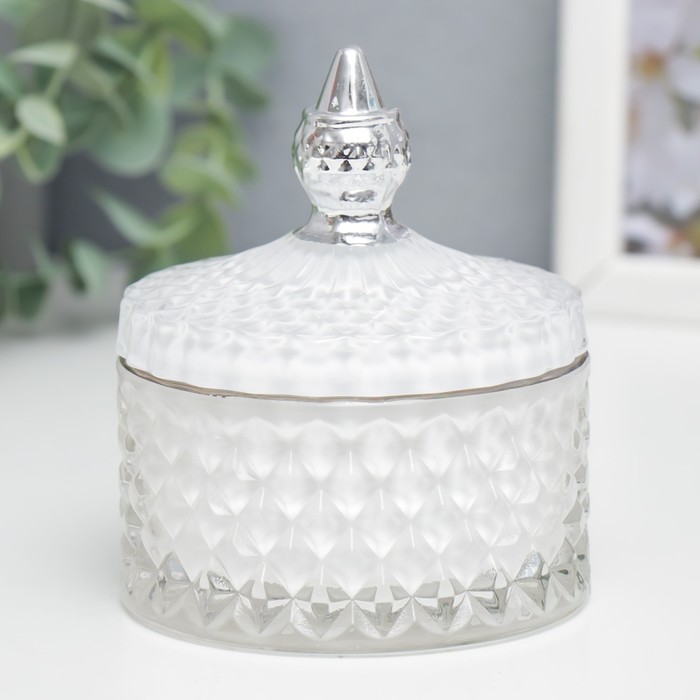 Шкатулка стекло "Ромбы и купол" белый с серебром 11х8,5х8,5 см - Фото 1