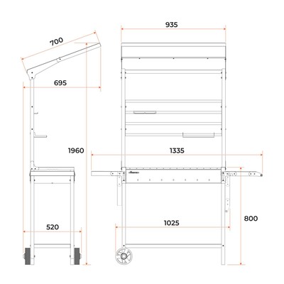 Мангал «МАН 304», 133.5×69.4×196.1 см, 3 мм, с крышей, боковые полки, колеса
