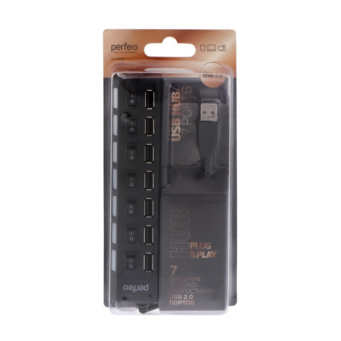 Разветвитель USB (Hub) Perfeo H033, 7 портов, USB 2.0, чёрный - фото 51315925