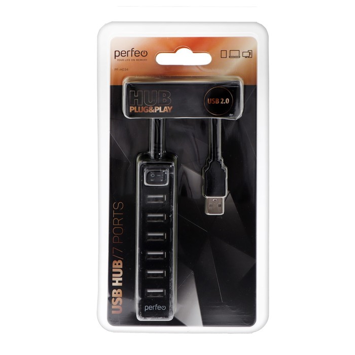 Разветвитель USB (Hub) Perfeo H034, 7 портов, USB 2.0, чёрный - фото 51315930