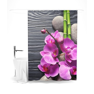 Шторка для ванной «Сирень» «Контраст орхидеи и бамбука», 145х180 см, цвет серый