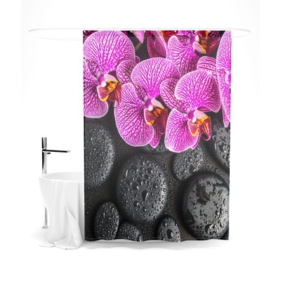 Шторка для ванной «Сирень» «Орхидея на чёрых камнях», 145х180 см, цвет серый