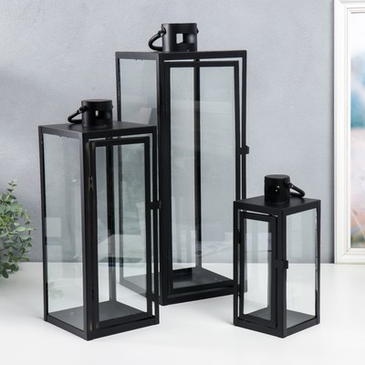 Набор подсвечников на 1 свечу «Фонарь - минимализм», 3 шт. чёрный, 18×18×50 см; 14×14×39 см; 10×10×25 см