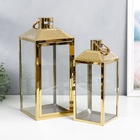 Подсвечник металл "Прямоугольный фонарь" набор 2 шт золото 18х18х42, 14х14х34 см - фото 33161179