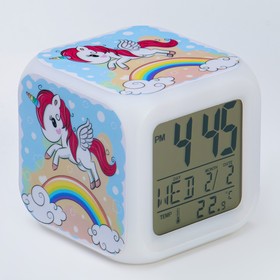 Часы электронные настольные "Единорог", будильник, термометр, календарь, подсветка, 8 х 8 см