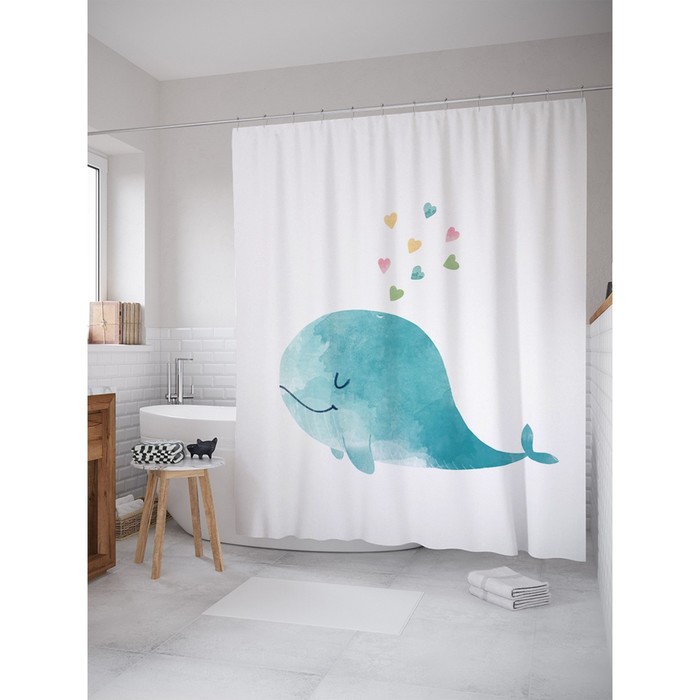 Фотоштора для ванной «Влюбленный кит», сатен, размер 180х200 см