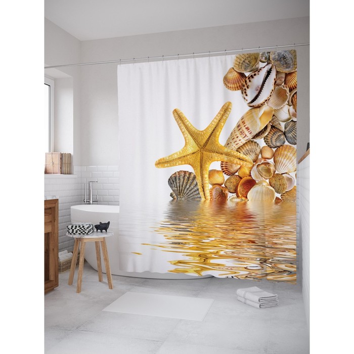 Фотоштора для ванной «Ракушки и морская звезда», сатен, размер 180х200 см