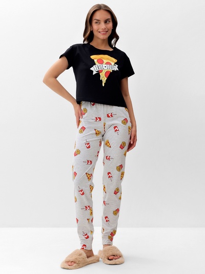 Пижама женская (футболка, брюки) KAFTAN Pizza, размер 44-46, чёрная