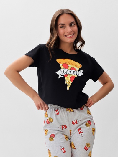 Пижама женская (футболка, брюки) KAFTAN Pizza, размер 44-46, чёрная
