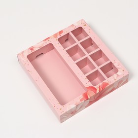 Коробка под 8 конфет + шоколад, с окном , розовые цветы, 17,7 х 17,85 х 3,85 см
