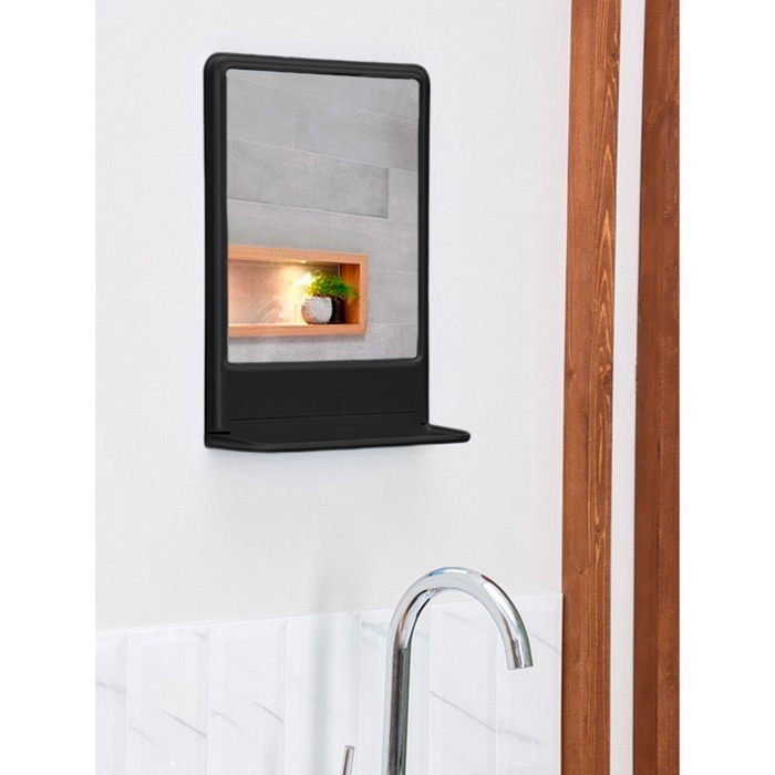Зеркало с полочкой для ванной комнаты Tokyo, пластик, чёрное - Фото 1