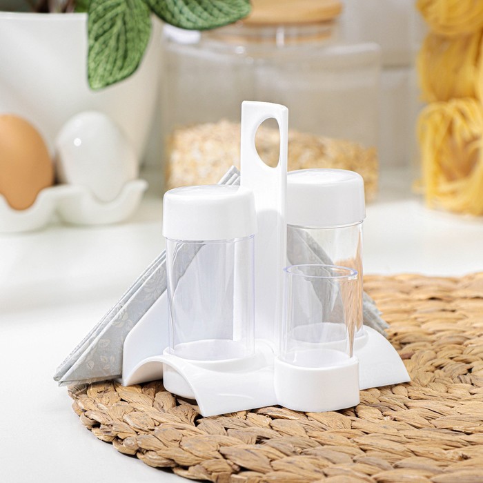 Набор для специй пластиковый BEROSSI «Рондо. Презент», 3 шт., на подставке с салфетницей, белый - Фото 1