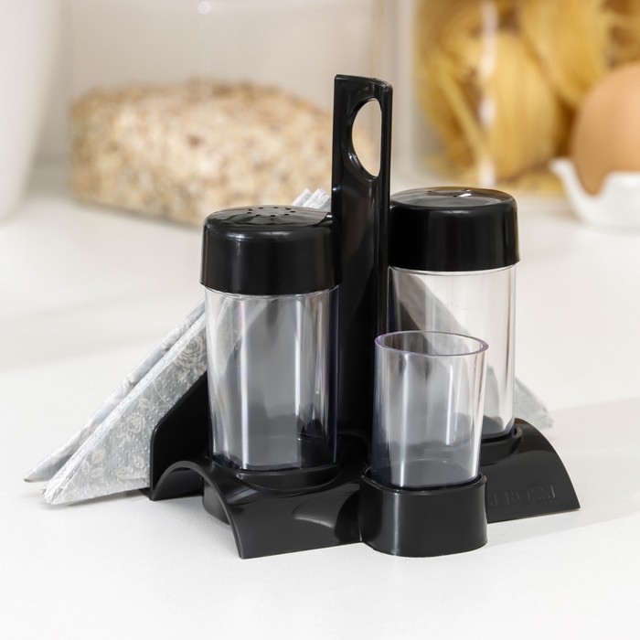 Набор для специй пластиковый BEROSSI «Рондо. Презент», 3 шт., на подставке с салфетницей, чёрный - Фото 1