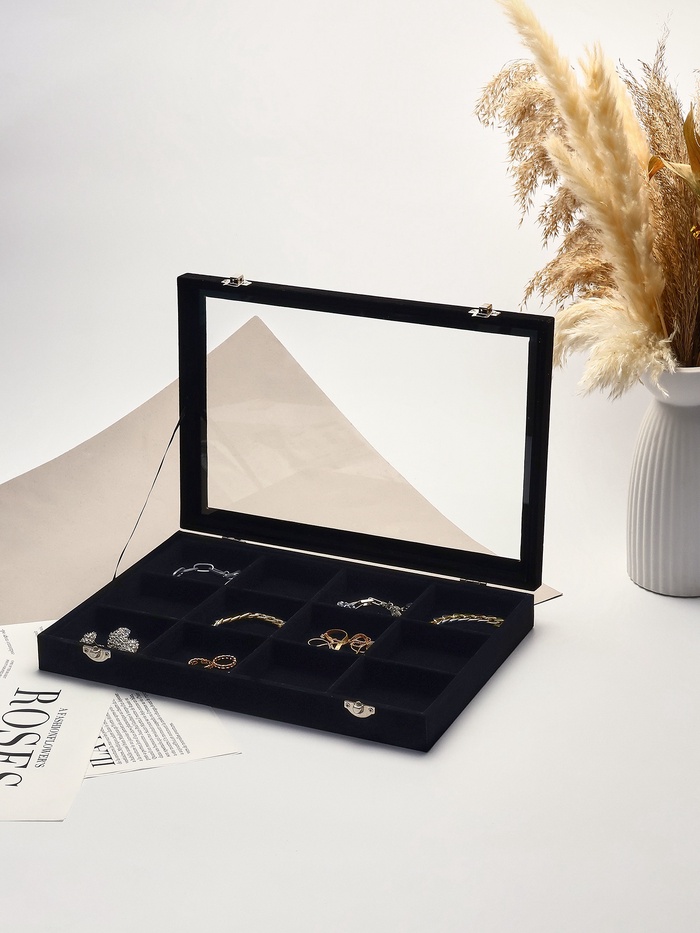 Шкатулка для украшений 12 ячеек, стеклянная крышка, 35×24×4.5 см, чёрная - Фото 1