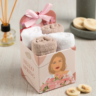 Салфетки махровые декоративные «Этель» Spring, 4 шт., 30×30 см, хлопок 100%, бежевые/белые