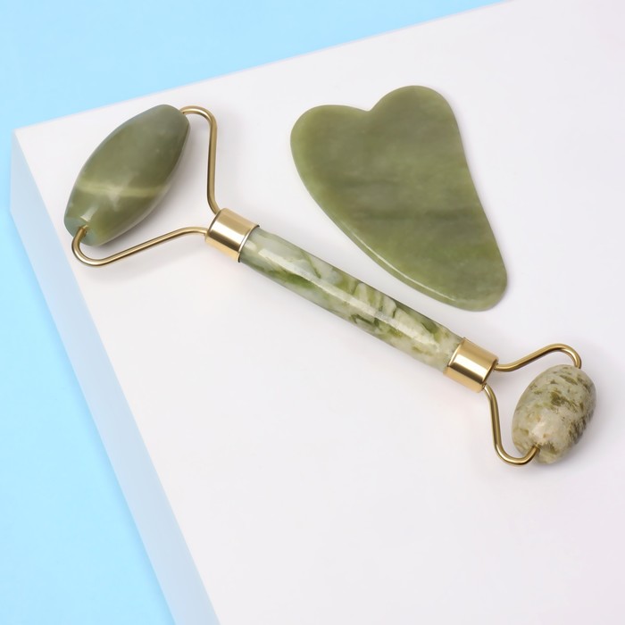 Набор для массажа лица «Котосчастье», 2 предмета: гуаша, двусторонний роллер, цвет зелёный 26751