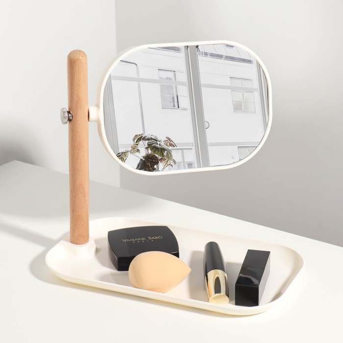 Зеркало с подставкой для хранения, двустороннее, с увеличением, зеркальная поверхность 17 х 12,2 см, цвет коричневый/белый 7508288