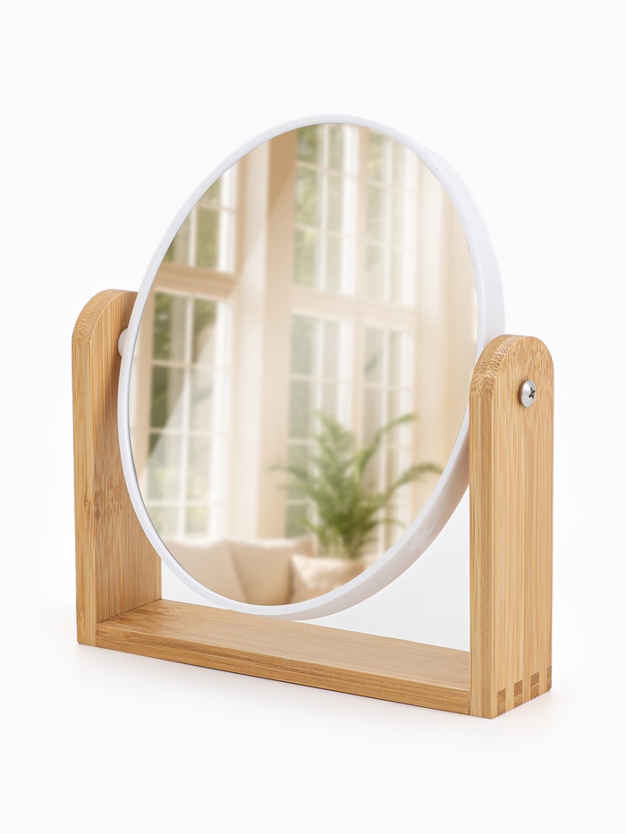 Зеркало настольное BAMBOO, с увеличением х2, двустороннее, 18×20.8 см, (14.2×17.6 см), бамбуковое - Фото 1