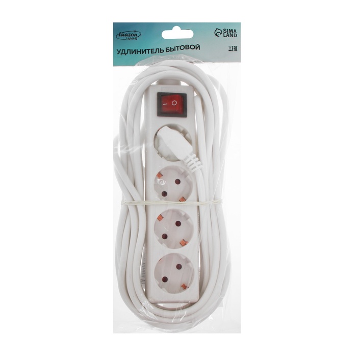 Удлинитель Luazon Lighting, 4 розетки, 7 м, 10 А, 1300 Вт, 3х0.75 мм2, с з/к, с выкл., Б - фото 51924213