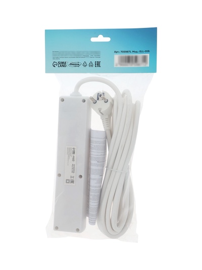 Удлинитель Luazon Lighting, 4 розетки, 5 м, 16 А, 3500 Вт, 3×1.5 мм2, с заземлением, с выключателем,