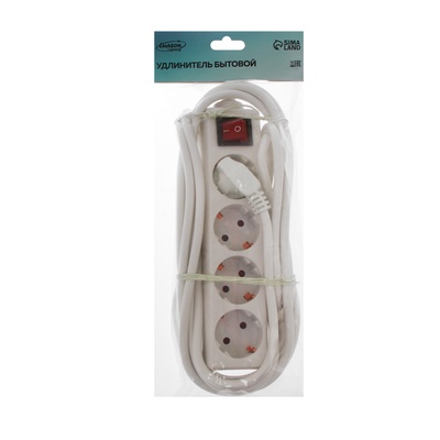 Удлинитель Luazon Lighting, 4 розетки, 5 м, 16 А, 3500 Вт, 3×1.5 мм2, с заземлением, с выключателем,