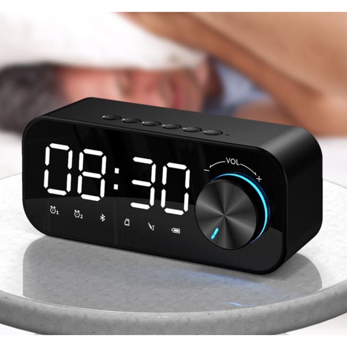 Часы - будильник электронные настольные: колонка, bluetooth, tf-карта, 14.2×6 см, USB, чёрные - Фото 1