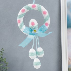 Декор пасхальный подвеска "Веночек - яйцо с бантиком и цветком" голубой 16 см