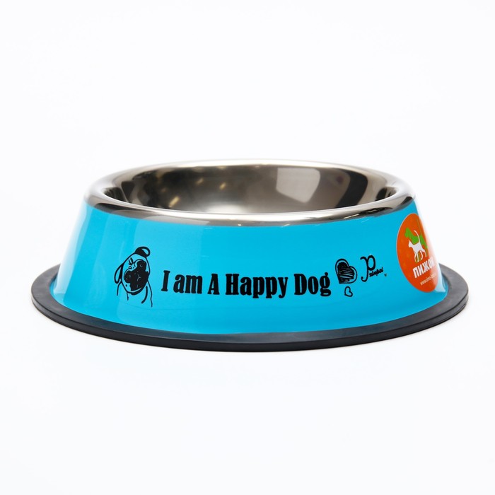 Миска железная с нескользящим основанием "I am happy dog" 15 х 3,5 см, 470 мл, синяя - Фото 1