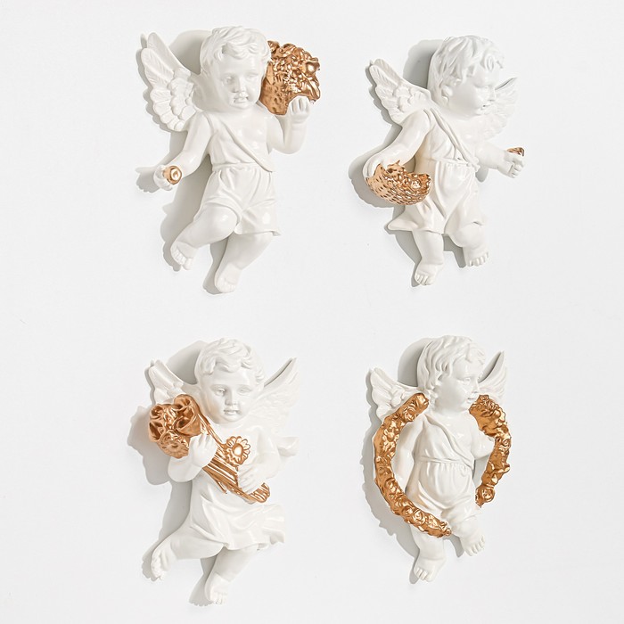 Декор настенный "Ангелочки" 4 штуки 20.5 x 14.5 x 5.5 см, белый с золотом - фото 1883848628
