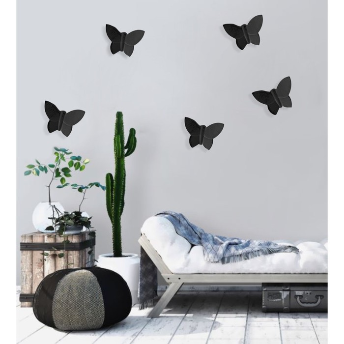 Декор настенный "Бабочки" 11 см x 13 см, черный ,( набор 5 шт) - фото 1905945376