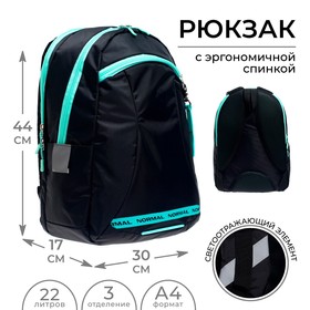 Рюкзак молодёжный, 44 х 30 х 17 см, эргономичная спинка, Calligrata К "Корсо", чёрный/мятный