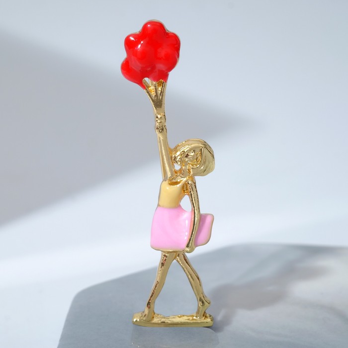Брошь «Девочка» с воздушными шарами, цветная в золоте - Фото 1