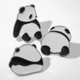 Набор значков (3шт) "Панды", цвет чёрно-белый в серебре