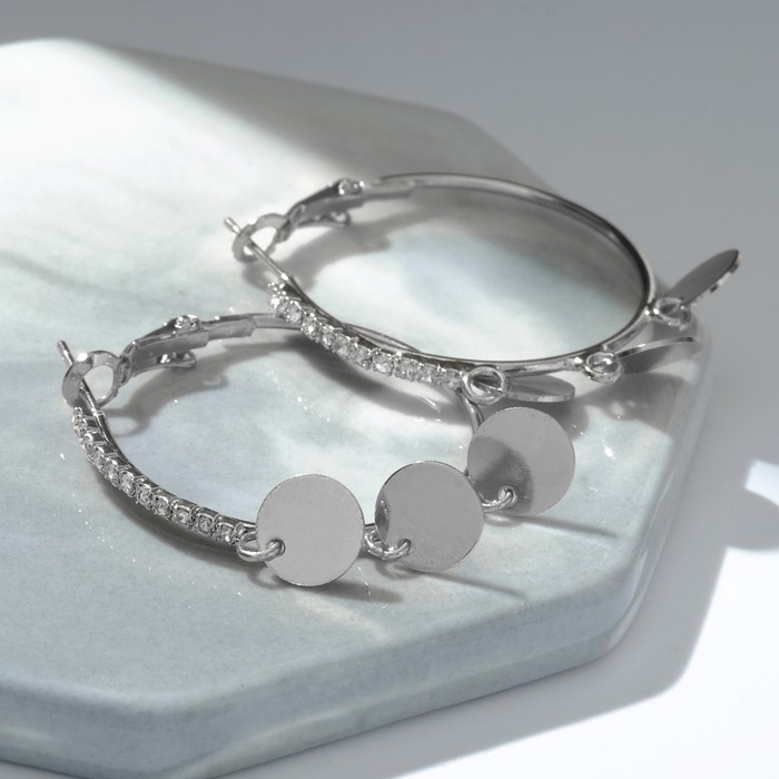 Серьги-кольца "Монетки и стразы" висячие, цвет белый в серебре, d=3 - фото 7703580