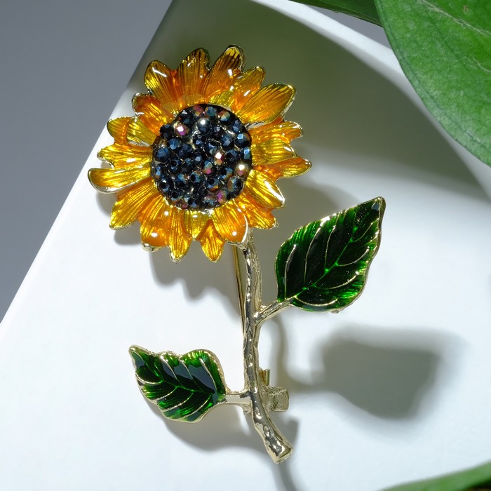 Брошь «Цветок подсолнуха» на стебле, цветная в золоте - Фото 1