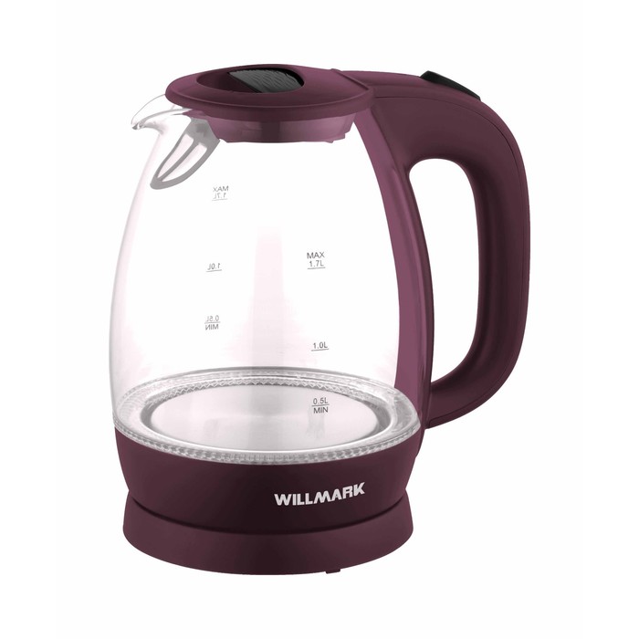 Чайник электрический WILLMARK WEK-1705GC, стекло, 1.7 л, 2200 Вт, LED-подсветка, вишневый - Фото 1