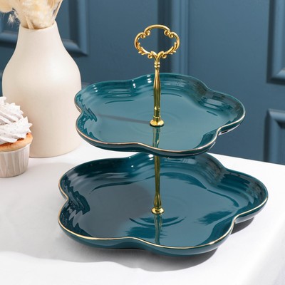 Этажёрка - фруктовница круглая «Изумруд», 2 яруса, d=20/25 см, керамика, цвет изумрудный