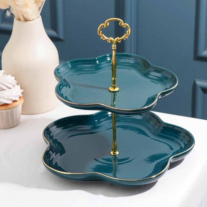 Этажёрка - фруктовница круглая «Изумруд», 2 яруса, d=20/25 см, керамика, цвет изумрудный - Фото 1