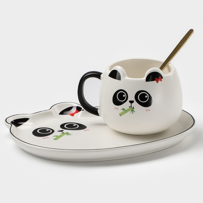 Чайная пара керамическая с ложкой «Панда», 2 предмета: кружка 180 мл, блюдце, рисунок МИКС - Фото 1