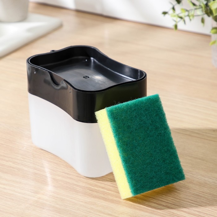 Дозатор для моющего средства с подставкой для губки Доляна, губка в комплекте, 385 мл, цвет чёрный - Фото 1