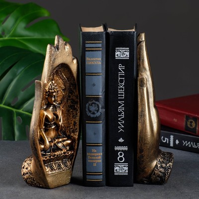 Набор фигурок полистоун «Две ладони с Буддой», держатель книг, бронза, 11×21×8 см