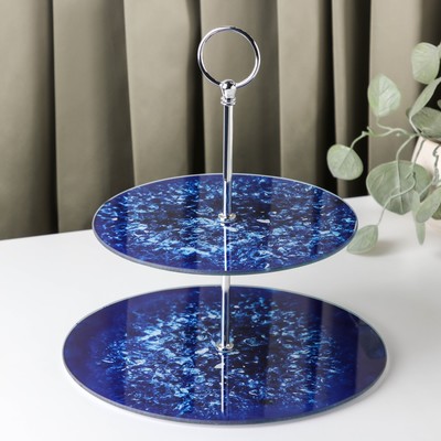 Фруктовница стеклянная 2-х ярусная круглая Доляна «Голубой агат», d=25/20 см, цвет синий